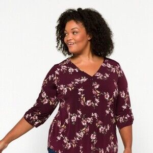 Beacon wine floral burgundy vneck top size 1X